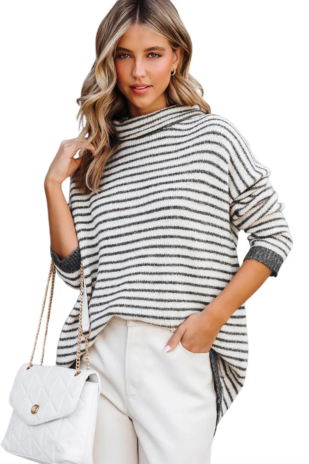 Brown Striped Turtleneck Oversized Sweater