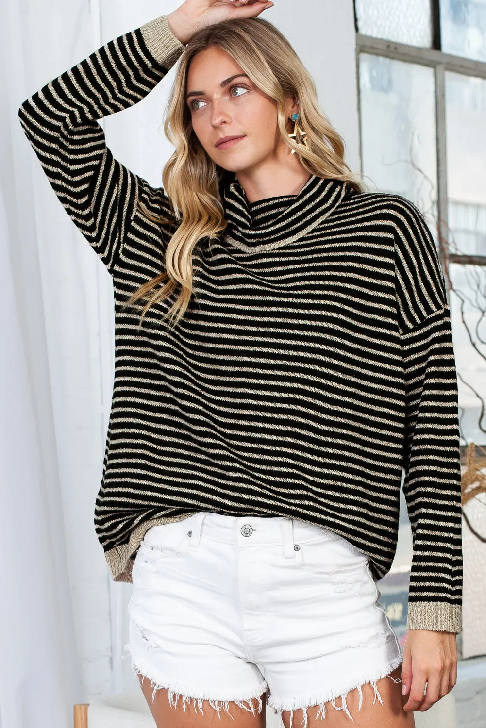 Brown Striped Turtleneck Oversized Sweater