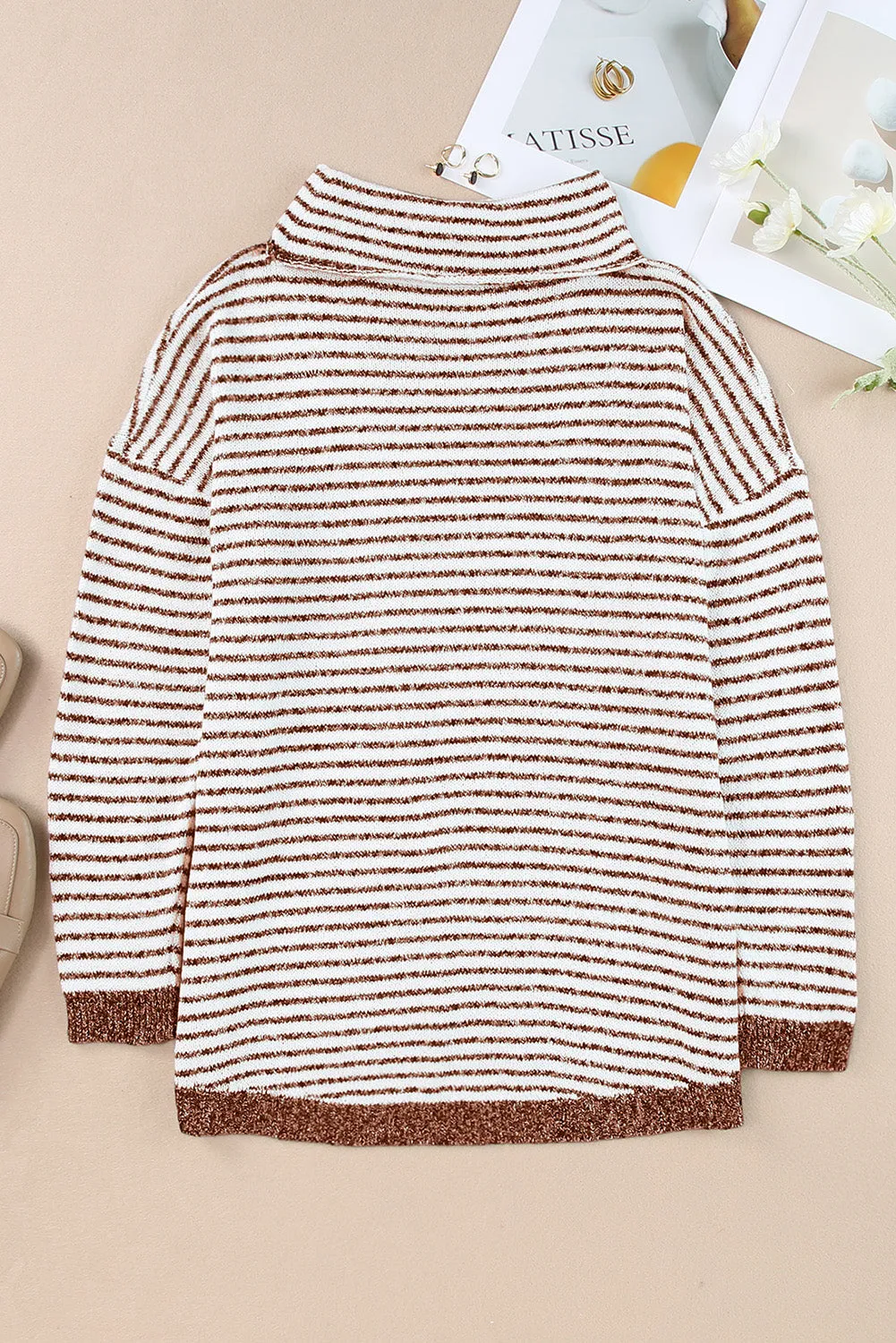 Brown Striped Turtleneck Oversized Sweater