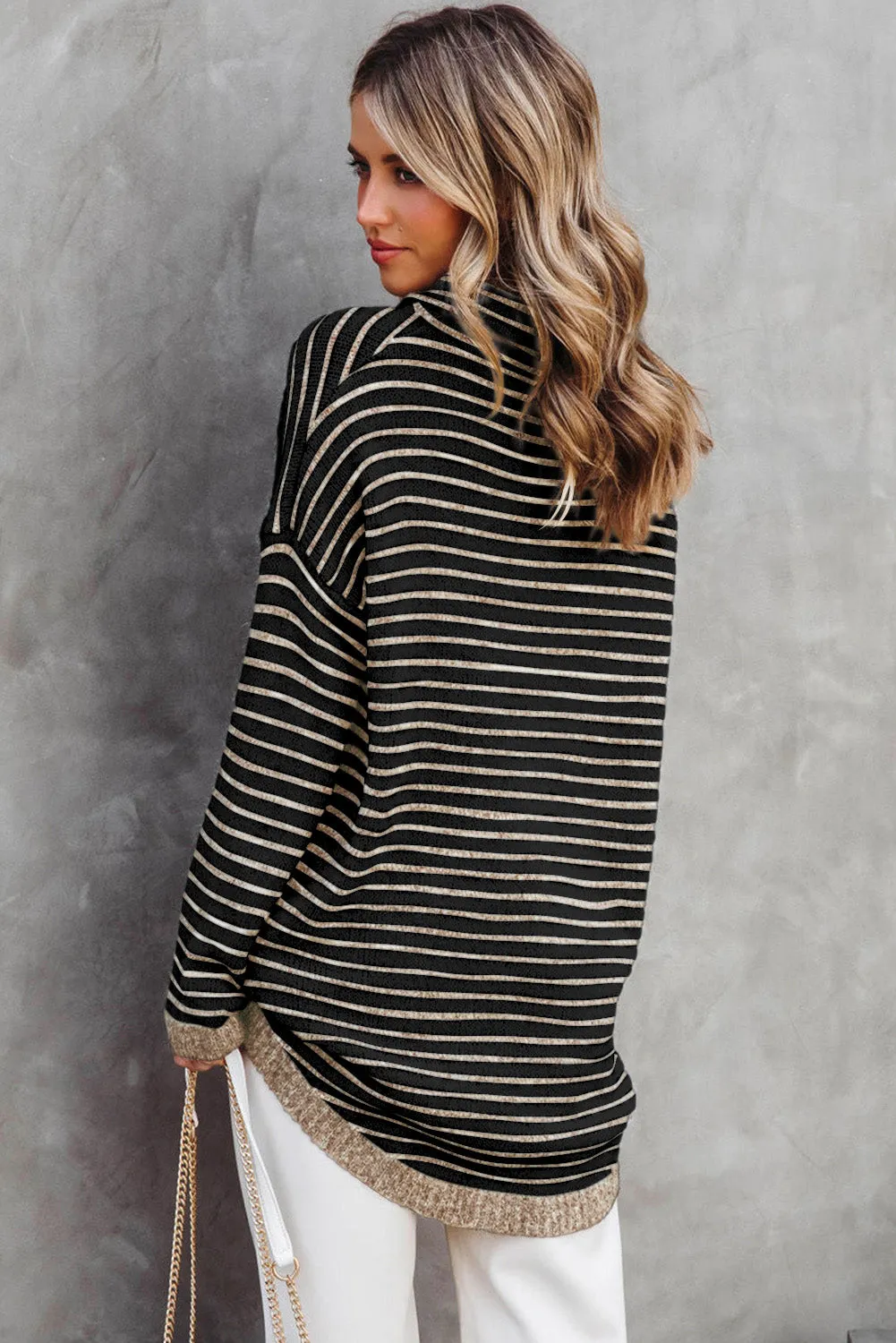 Brown Striped Turtleneck Oversized Sweater