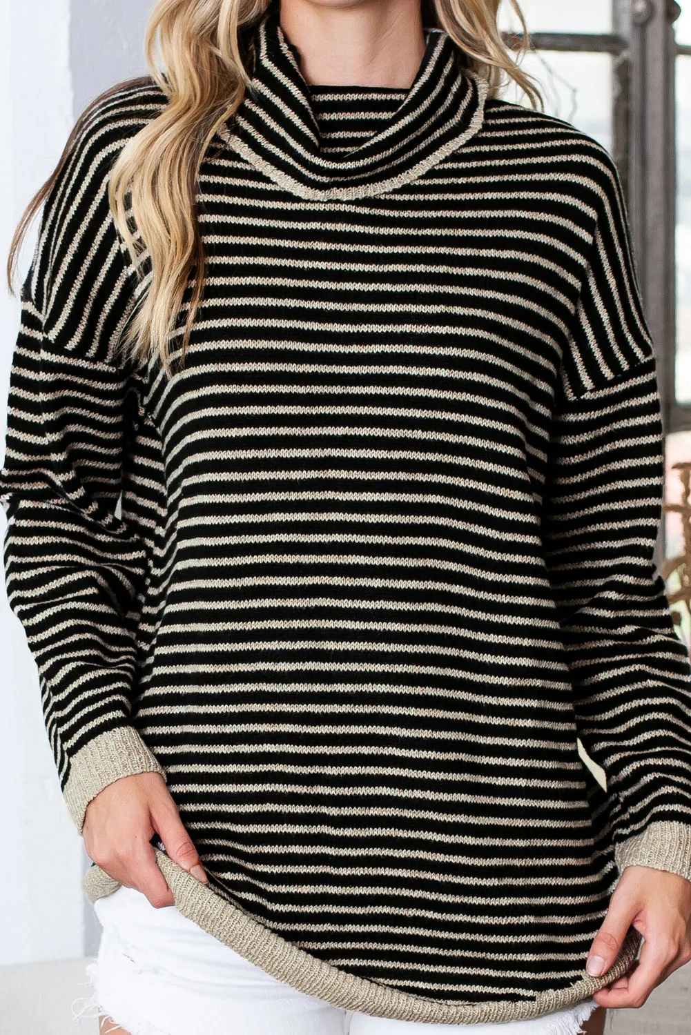 Brown Striped Turtleneck Oversized Sweater