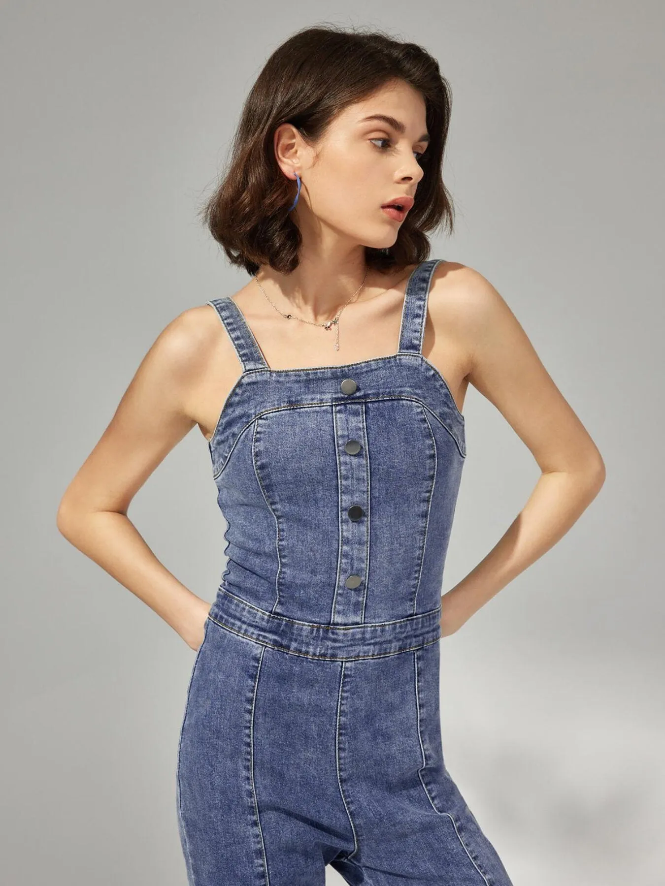 Button Flare Leg Denim Jumpsuit