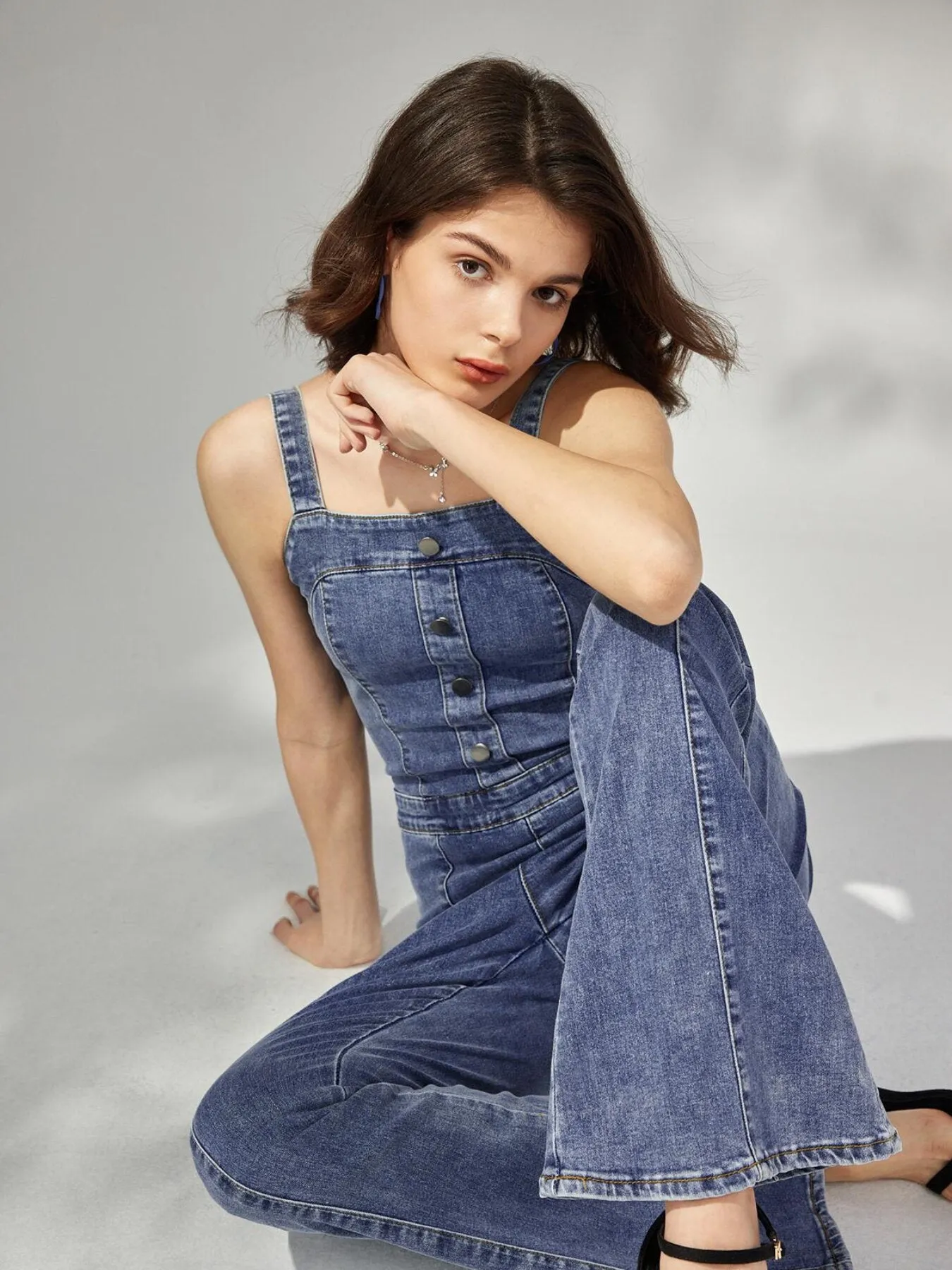 Button Flare Leg Denim Jumpsuit