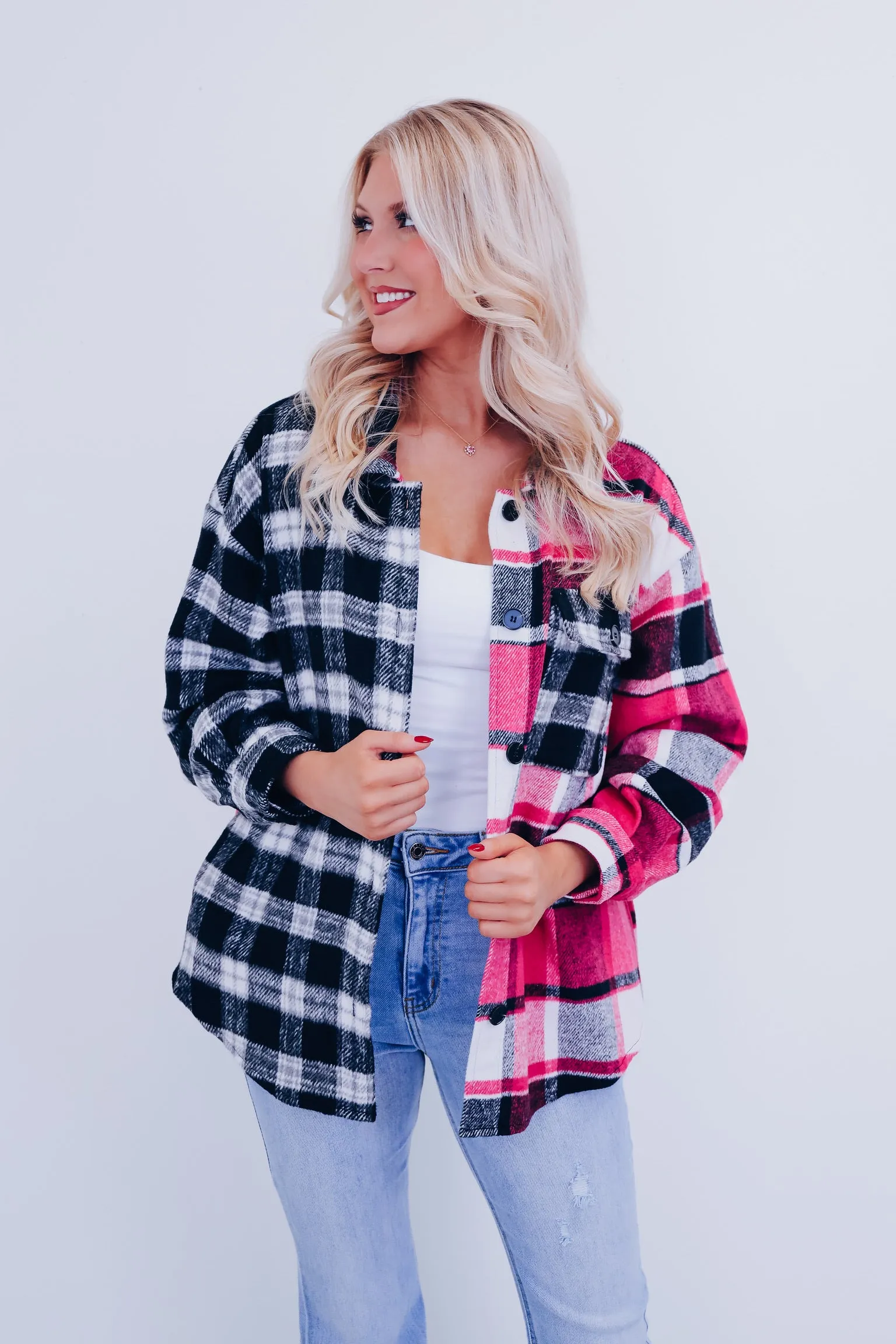 Cardi Plaid Color Block Shacket