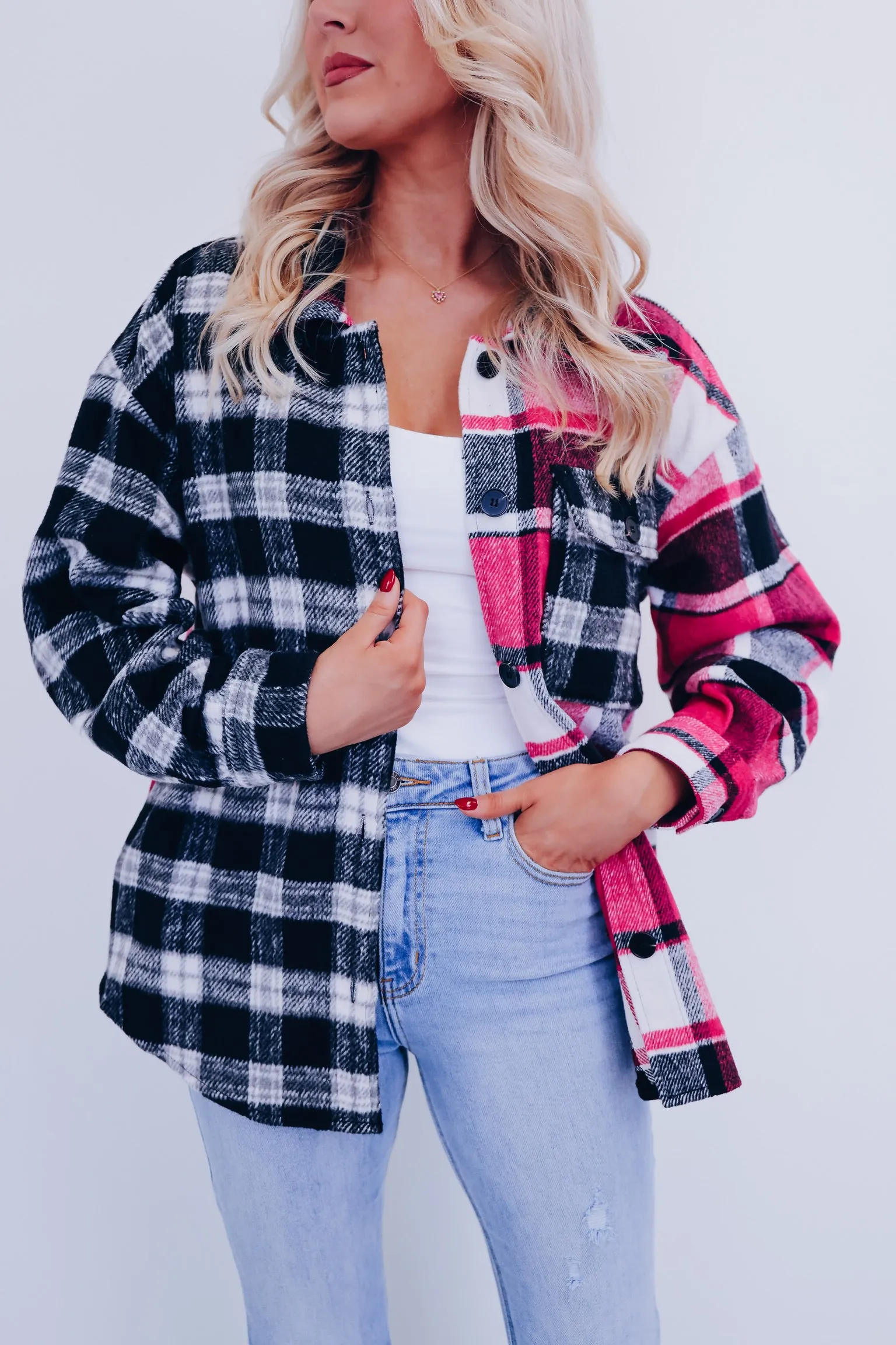 Cardi Plaid Color Block Shacket