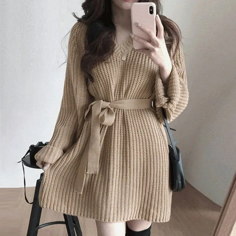 Casual V-neck Knitted Winter Long Sleeve Lace up Mini Sweater Dress