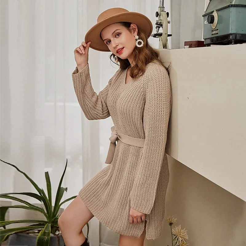 Casual V-neck Knitted Winter Long Sleeve Lace up Mini Sweater Dress