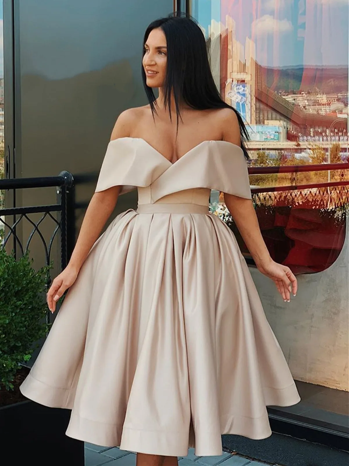 Champagne Off Shoulder Short Prom Homecoming, Off Shoulder Champagne Formal Graduation Evening, Champagne Cocktail