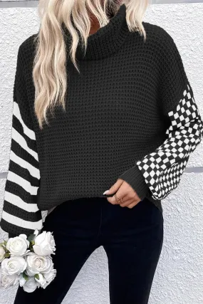 Checkered Striped Turtleneck Sweater