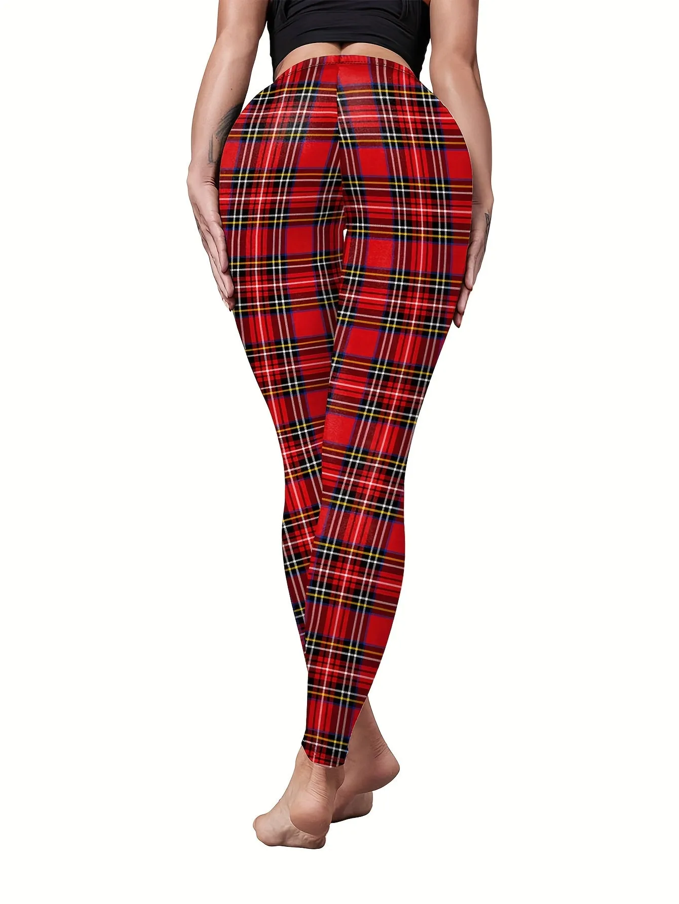 Chic Plaid Skinny Leggings Comfy Elastic Waist Stretchy Womens Pant