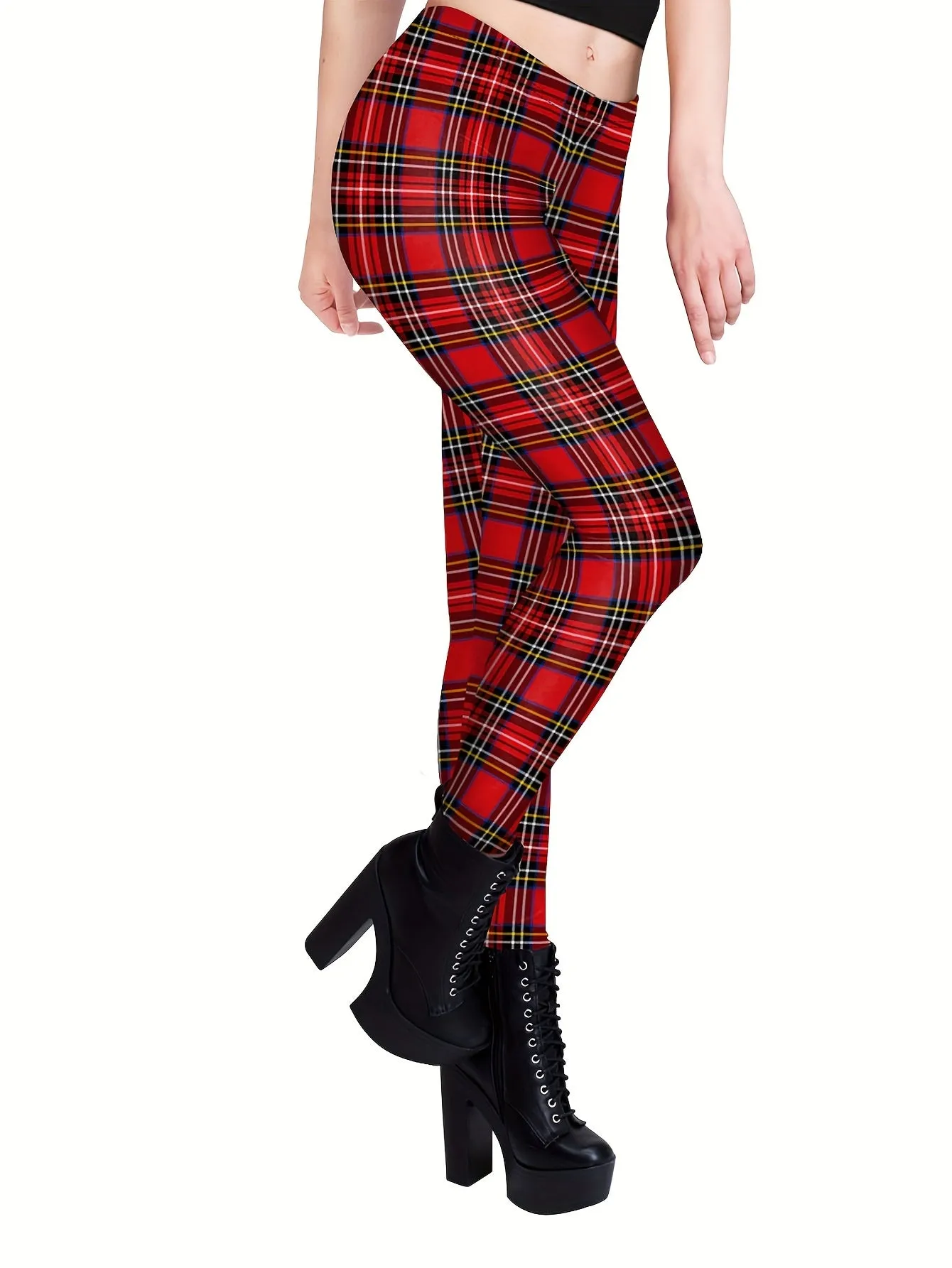 Chic Plaid Skinny Leggings Comfy Elastic Waist Stretchy Womens Pant