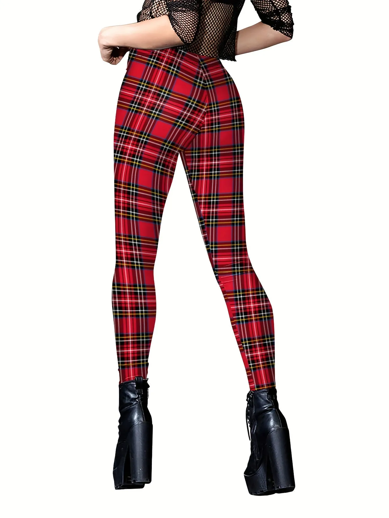 Chic Plaid Skinny Leggings Comfy Elastic Waist Stretchy Womens Pant