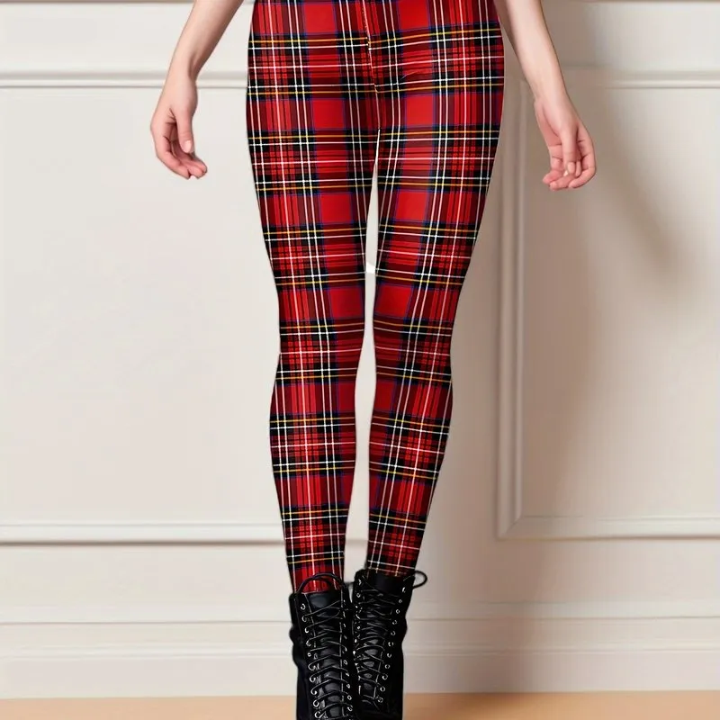 Chic Plaid Skinny Leggings Comfy Elastic Waist Stretchy Womens Pant