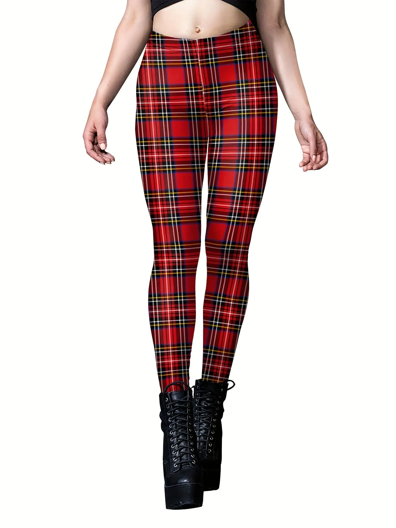 Chic Plaid Skinny Leggings Comfy Elastic Waist Stretchy Womens Pant