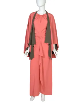 Chloe Vintage 1975 Coral Silk Crepe de Chine Dress and Shawl Cape Ensemble Set