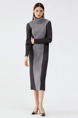 Color Block Accordion Pleated Turtleneck Dress