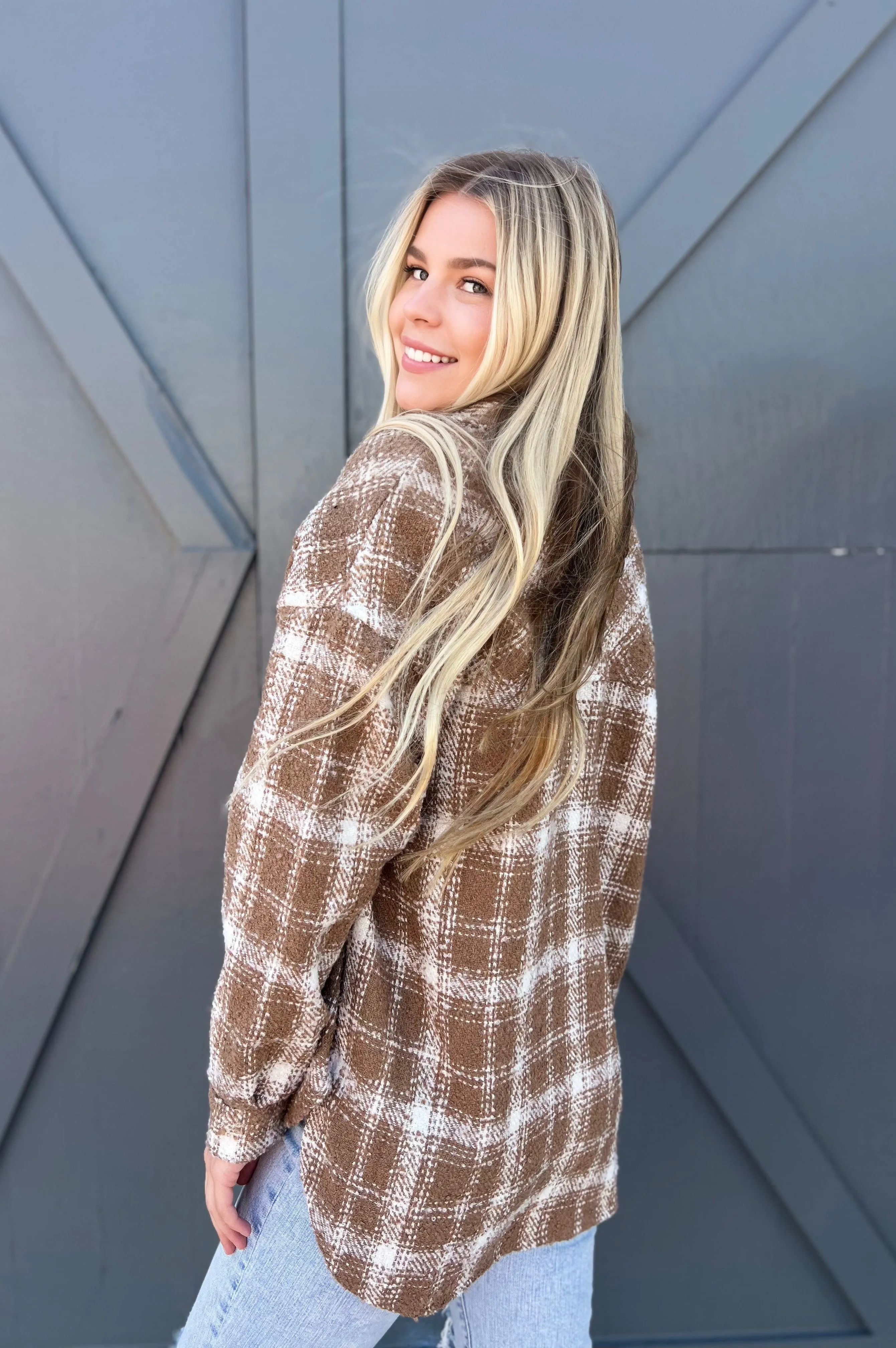 Cozy All Season Plaid Shacket Taupe/Cream