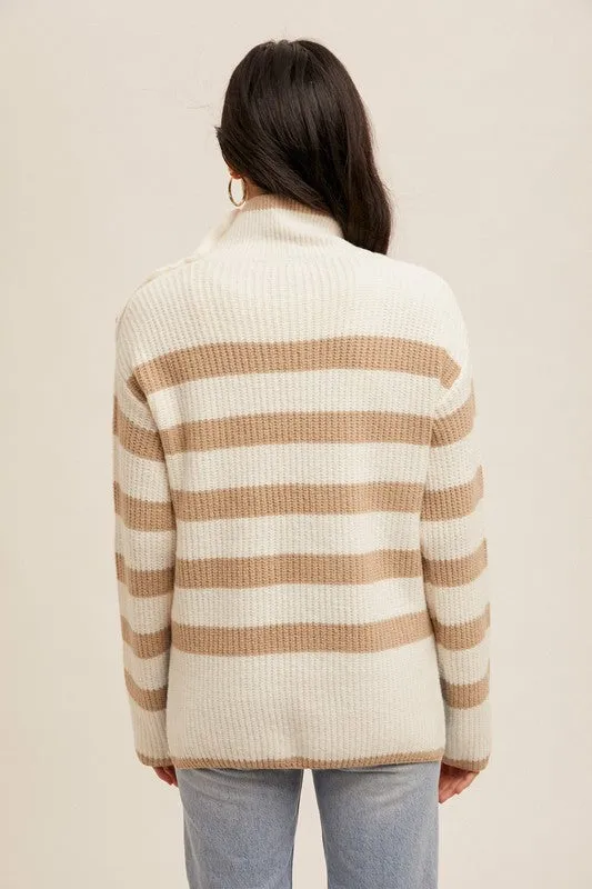 Cream & Taupe Button Turtleneck Sweater