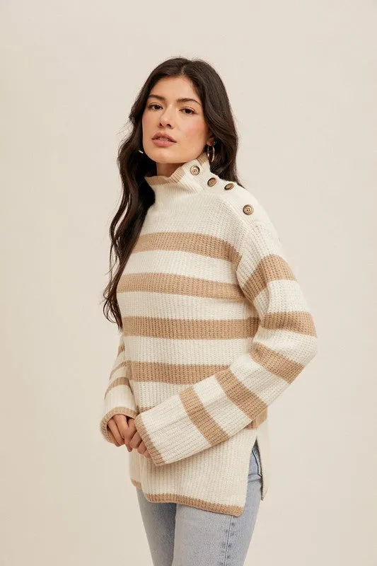 Cream & Taupe Button Turtleneck Sweater