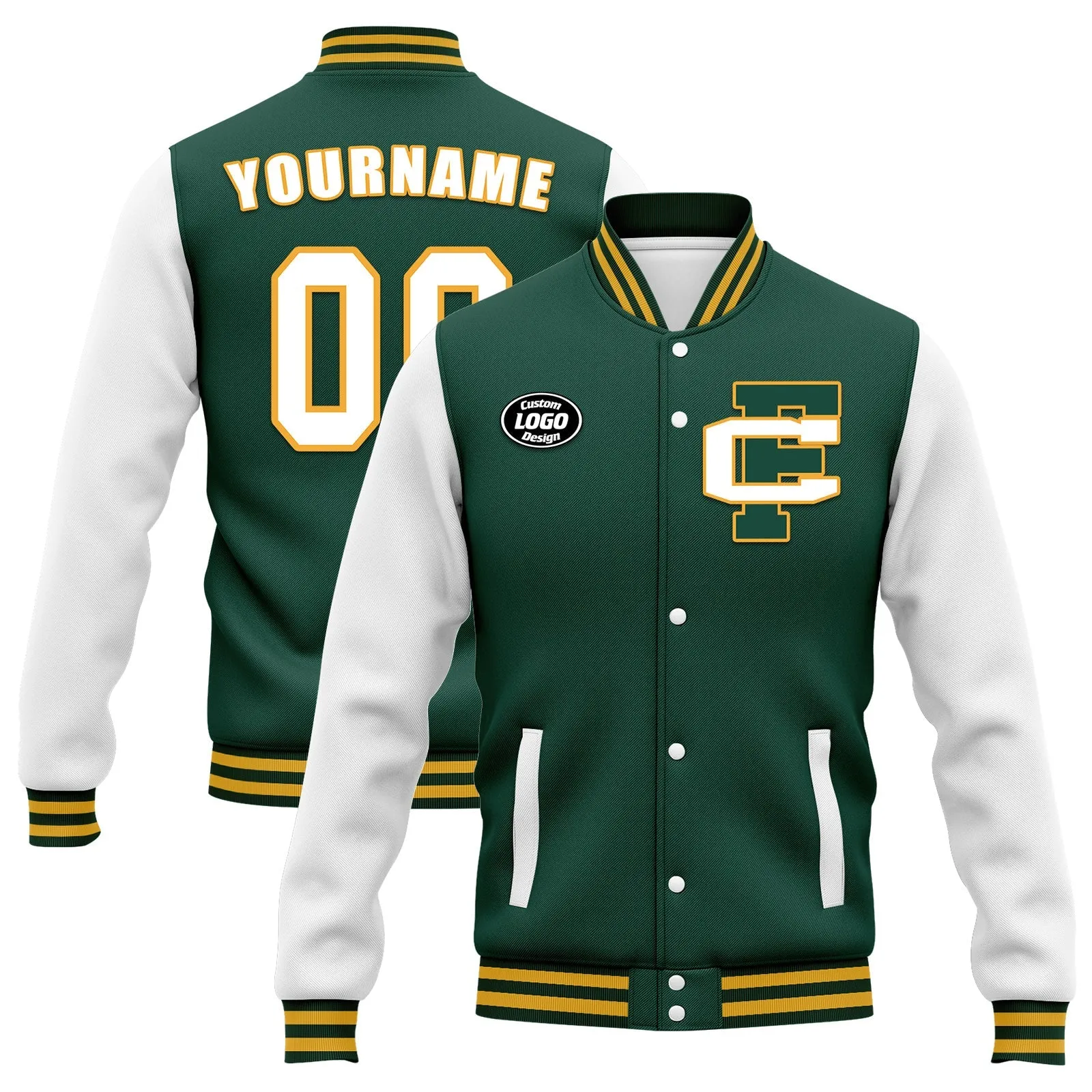 Custom Green White Jacket Bomber Full-Snap Varsity Letterman Personalized Jacket FZ005-D020255-5