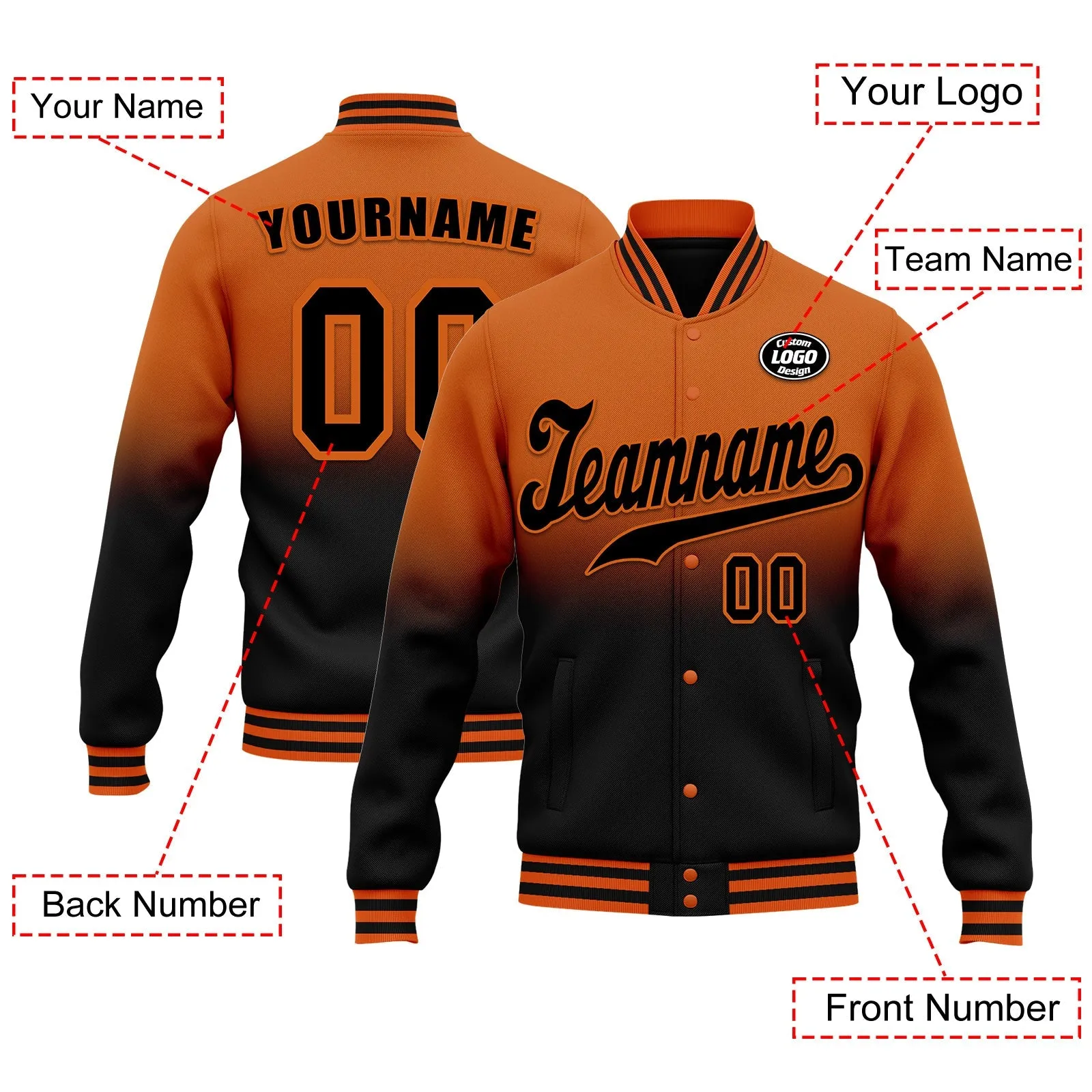 Custom Orange Black Fade Fashion Jacket Bomber Full-Snap Varsity Letterman Personalized Jacket FZ005-D020229-3