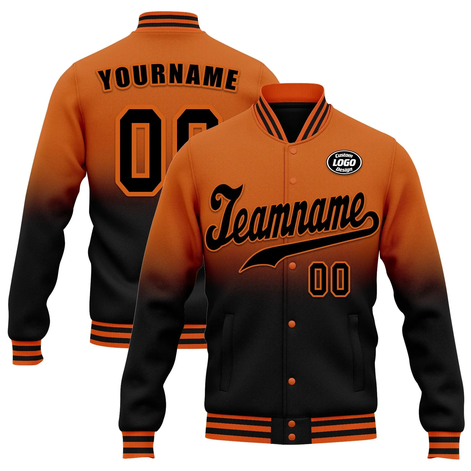 Custom Orange Black Fade Fashion Jacket Bomber Full-Snap Varsity Letterman Personalized Jacket FZ005-D020229-3