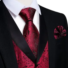 DiBanGu Red Black Floral Silk Shawl Collar Mens Dress Vest Tie Set