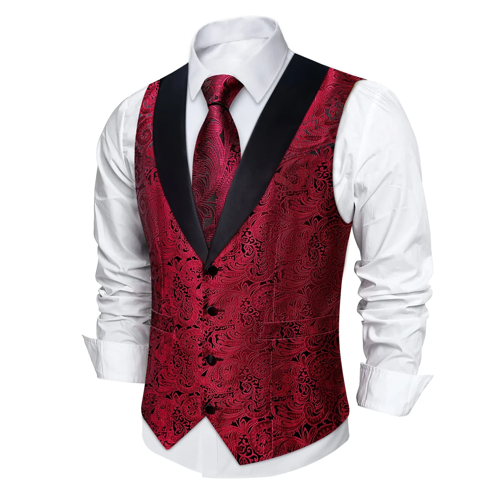 DiBanGu Red Black Floral Silk Shawl Collar Mens Dress Vest Tie Set