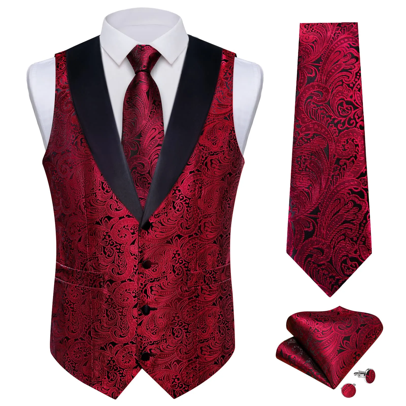 DiBanGu Red Black Floral Silk Shawl Collar Mens Dress Vest Tie Set