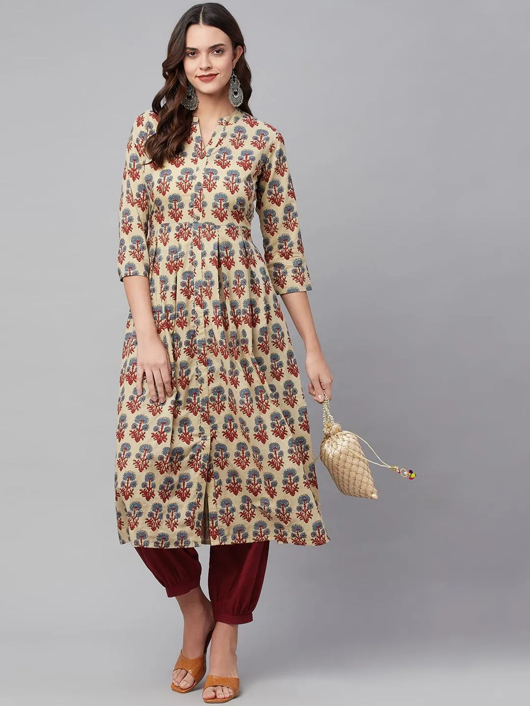 Divena Beige Cotton A-Line Kurta Hem Cuffed Pant set