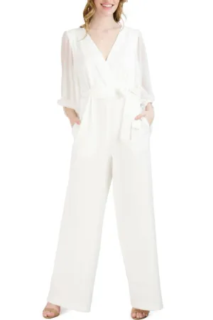 Donna Ricco Surplice-Neck Balloon-Sleeve Jumpsuit