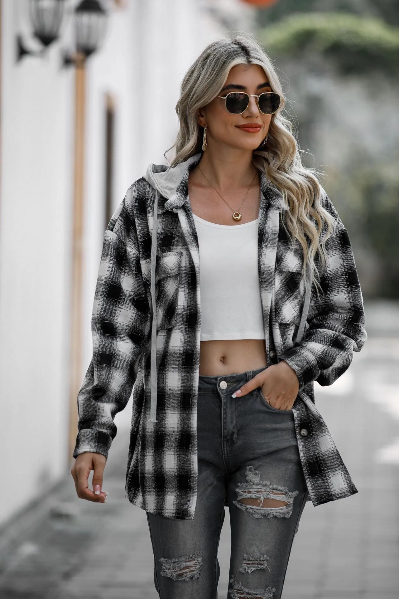 Double Take Drawstring Plaid Long Sleeve Hooded Shacket