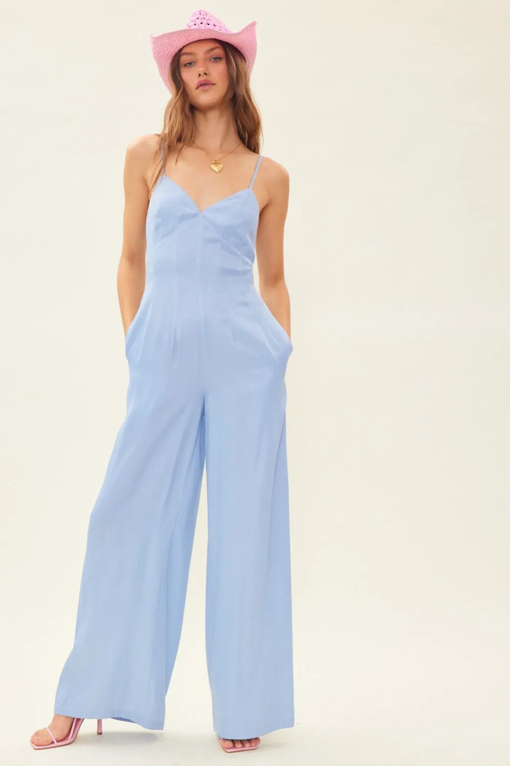 Drawstring Back Sleeveless Wide Leg Jumpsuit