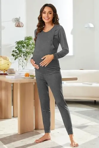 Ekouaer Maternity Clothes Winter Nursing PJS Thermal Underwear Set for Women Stirped Winter Warm Maternity & Nursing Pjs (Light Gray M)