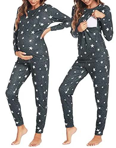 Ekouaer Maternity Clothes Winter Nursing PJS Thermal Underwear Set for Women Stirped Winter Warm Maternity & Nursing Pjs (Light Gray M)