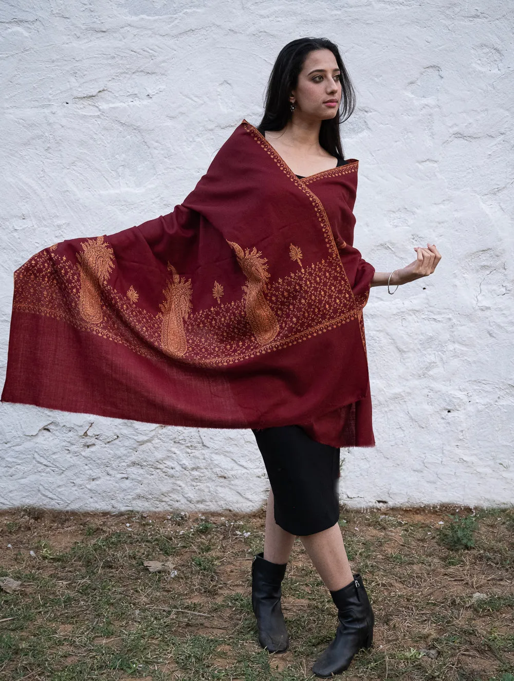 Exclusive, Fine Hand Embroidered Kashmiri Shawl - Dark Red Ornate