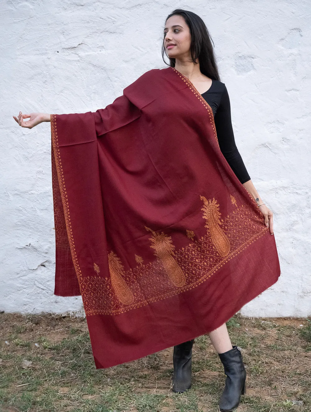 Exclusive, Fine Hand Embroidered Kashmiri Shawl - Dark Red Ornate