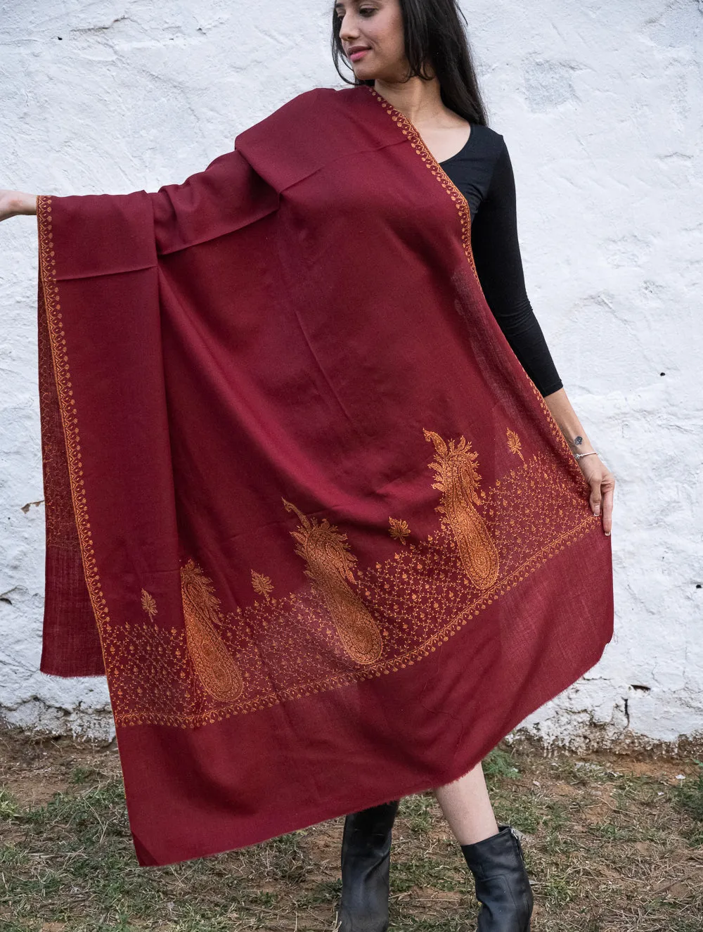 Exclusive, Fine Hand Embroidered Kashmiri Shawl - Dark Red Ornate