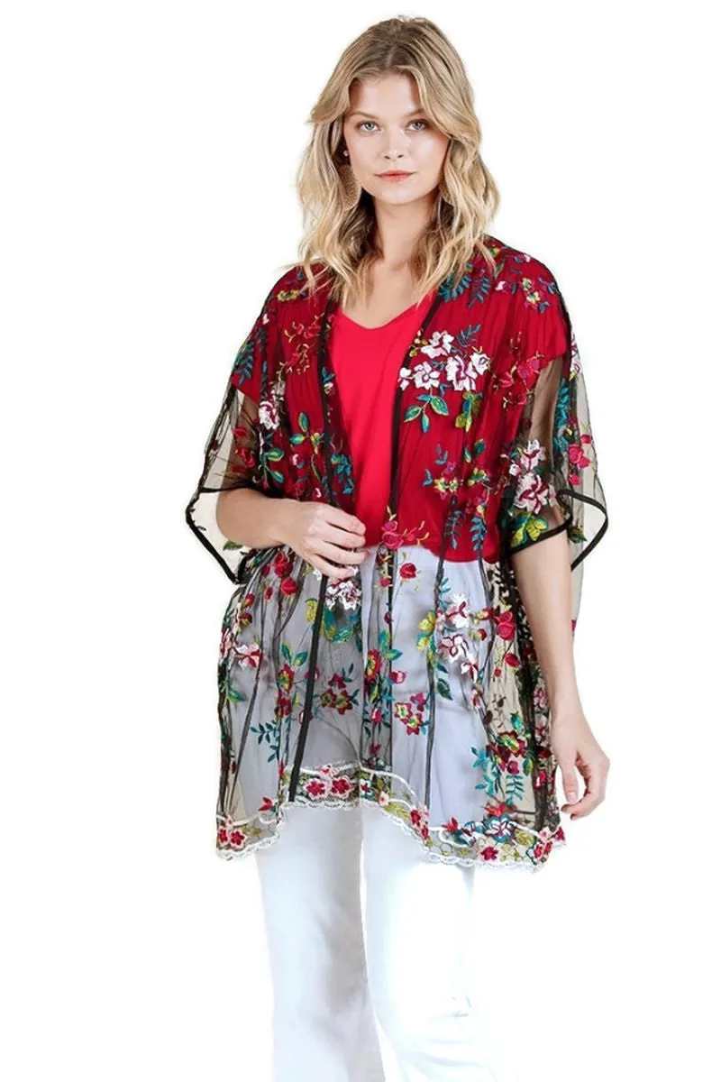 Floral Embroidered Sheer Mesh Kimono, Black Mix