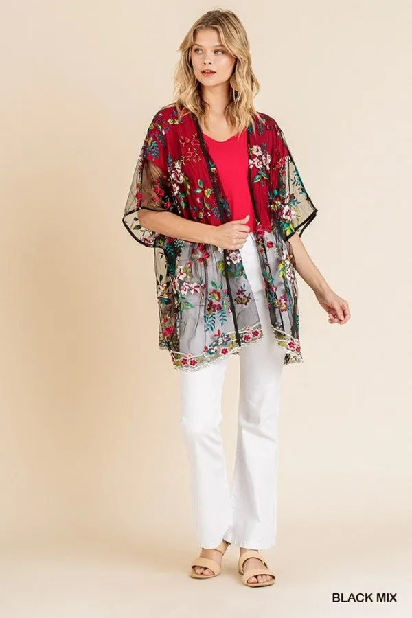 Floral Embroidered Sheer Mesh Kimono, Black Mix