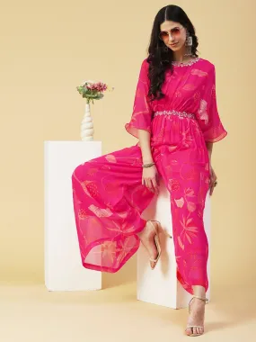 Floral Printed Gathered Jumpsuit With Embroidered Belt - Fuchsia