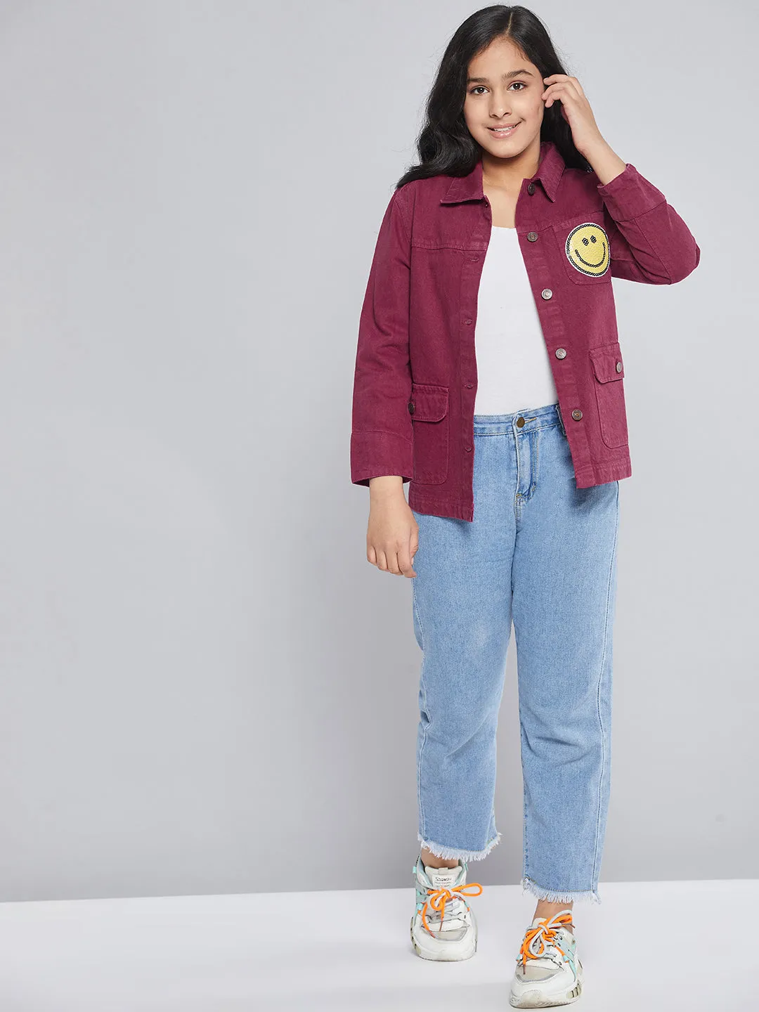 Girls Burgundy Smiley Patch Denim Jacket