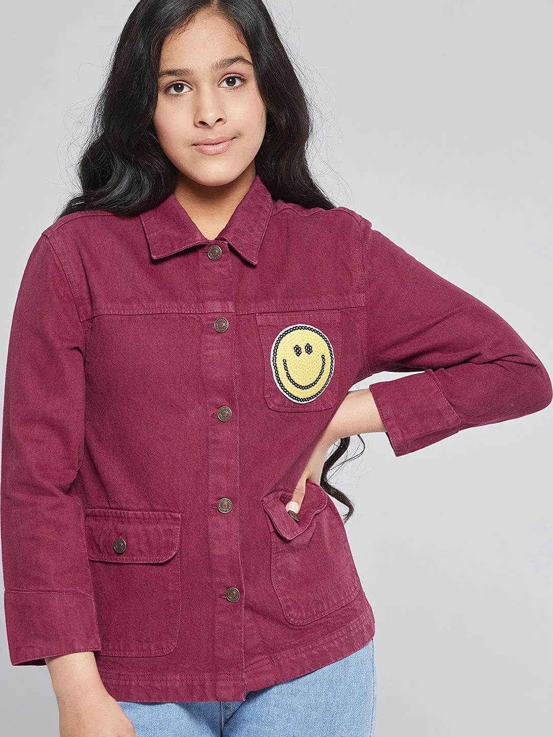 Girls Burgundy Smiley Patch Denim Jacket