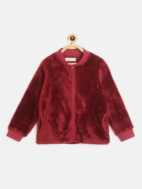 Girls Maroon Fur Front Zipper Jacket