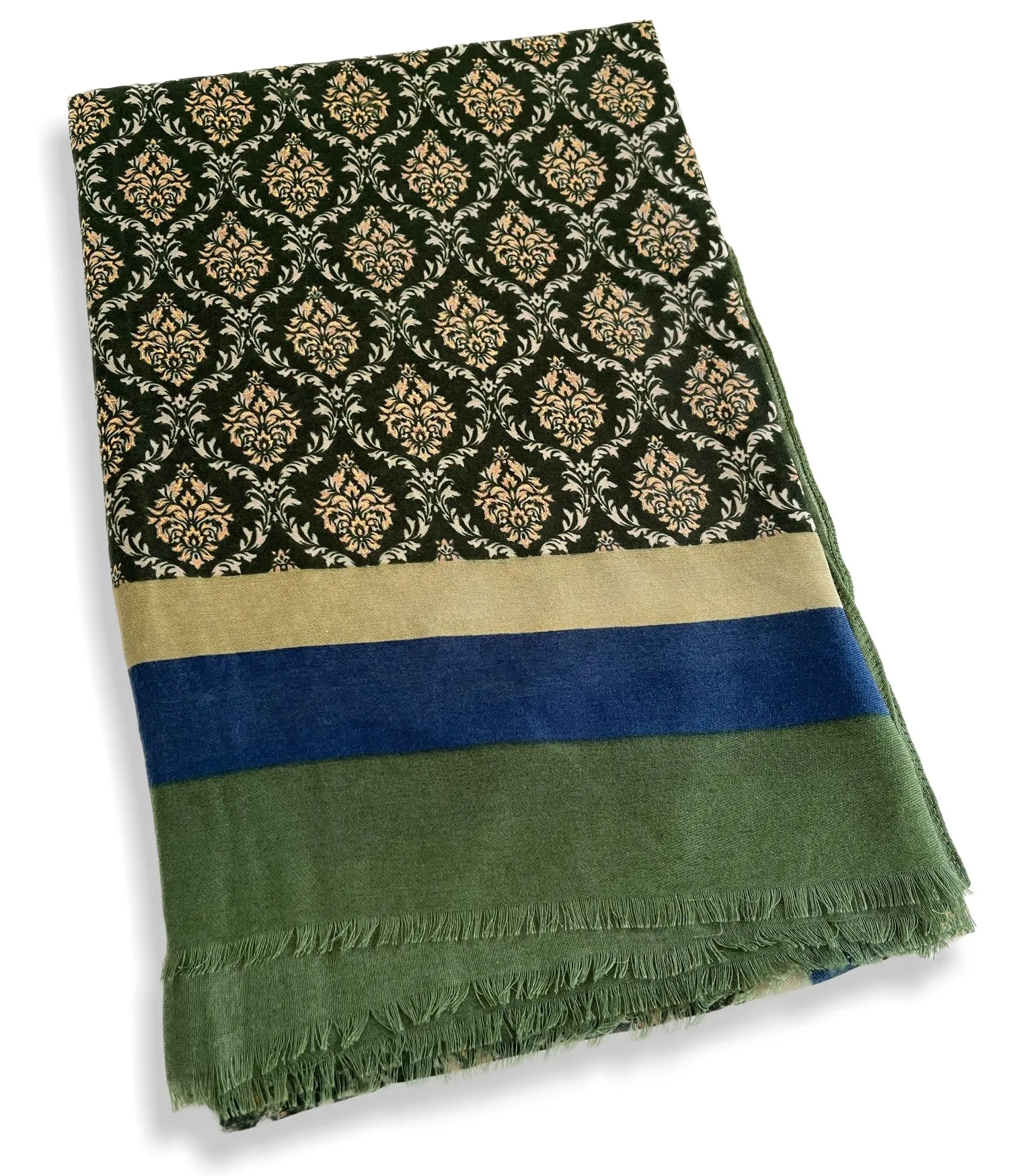 GREEN METALLIC PAISLEY PRINT PASHMINA SHAWL SCARF WITH STRIPES