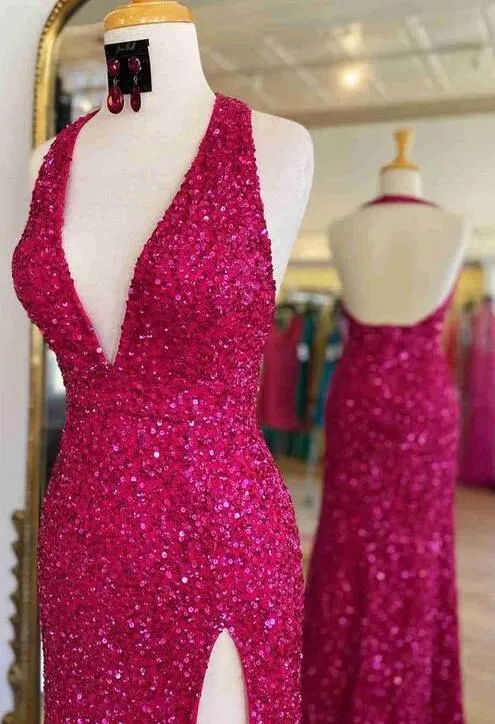 Halter Neck Sequins Long Prom Dress with Slit PC1254