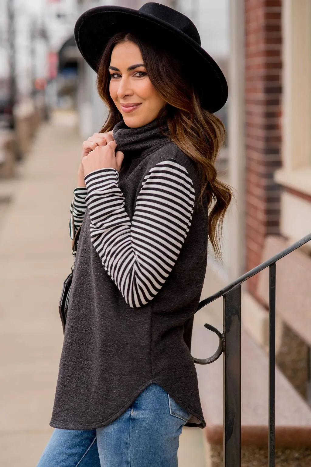 Heathered Striped Sleeve Cowl Neck Sweatshirt