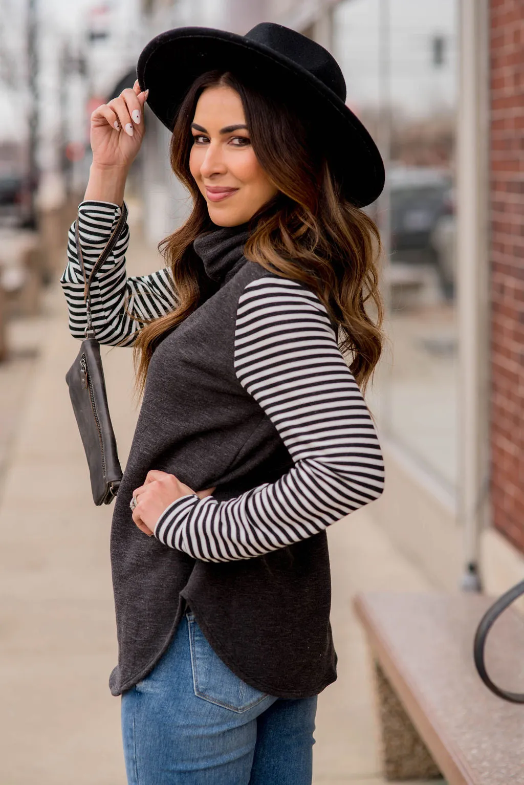 Heathered Striped Sleeve Cowl Neck Sweatshirt