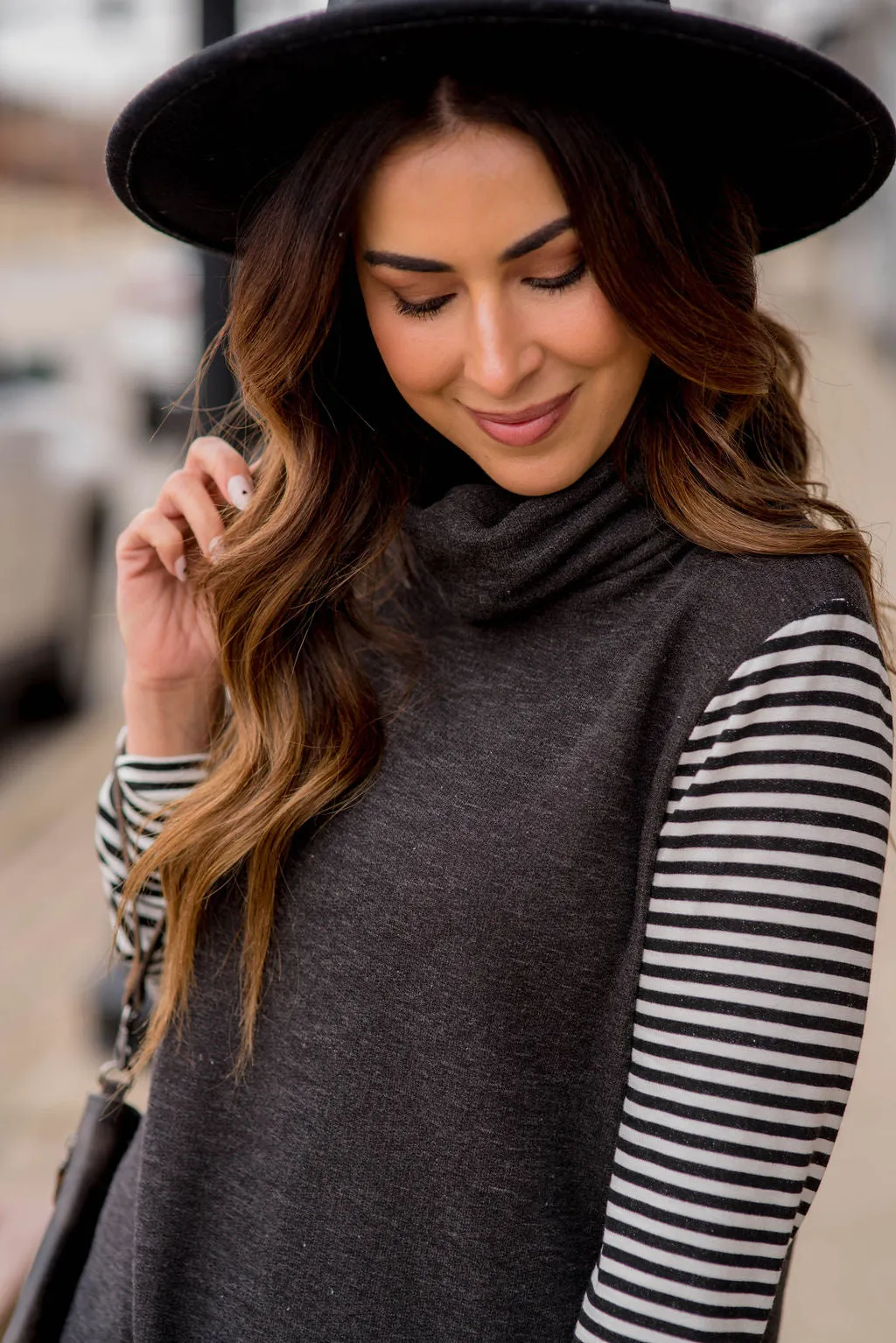 Heathered Striped Sleeve Cowl Neck Sweatshirt