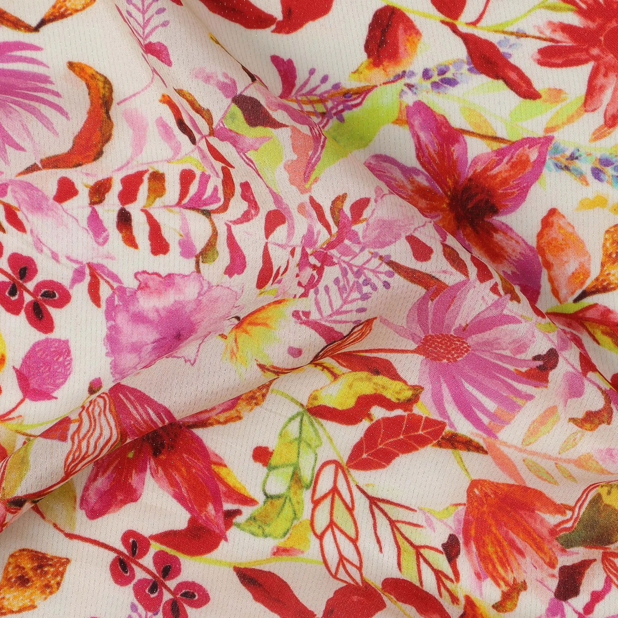 Ivory Tropical Floral Viscose Crepe Digital Print Fabric, 110 cm Wide, Made in India-D20992